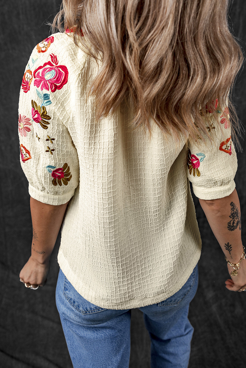 Beige Floral Embroidered Puff Sleeve Ricrac Textured Blouse