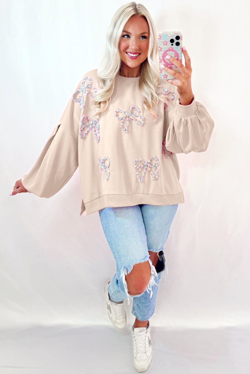 Light Pink Sweet Bow Lantern Sleeve Oversized Pullover Sweatshirt