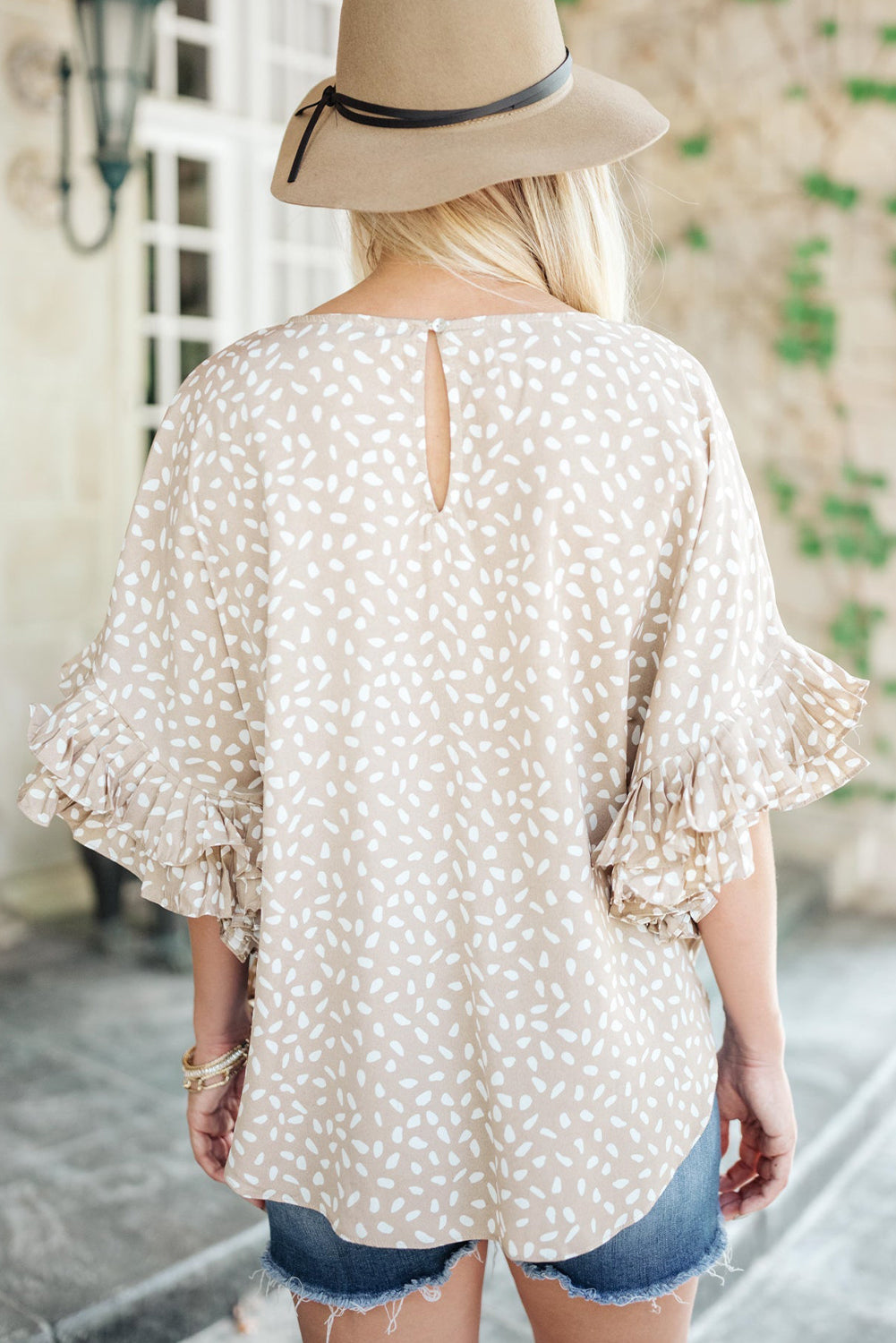 Khaki Spotted Print Loose Fit Ruffle Sleeve Blouse