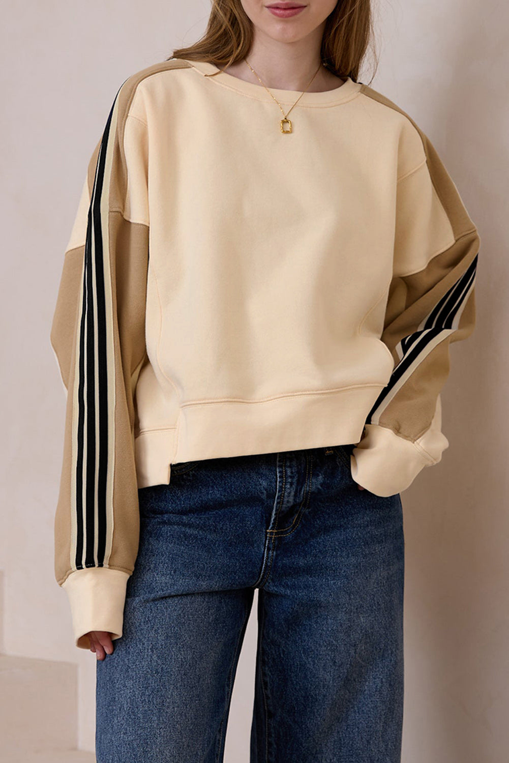 Beige Striped Colorblock Drop Sleeve Sweatshirt