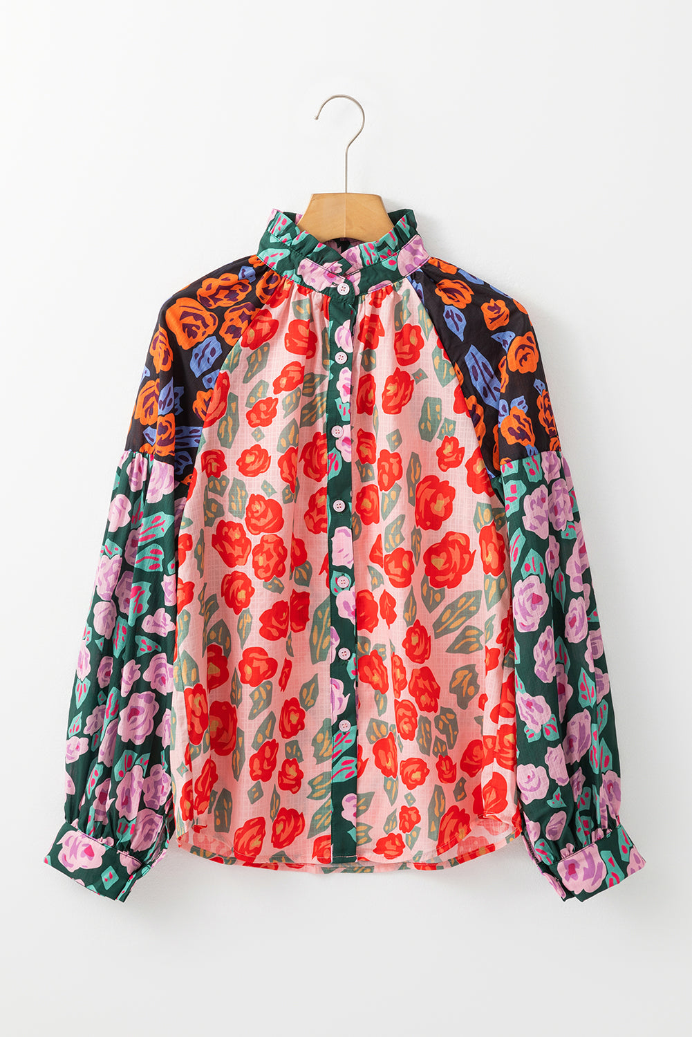 Red Colorblock Floral Print Puff Sleeve Shirt