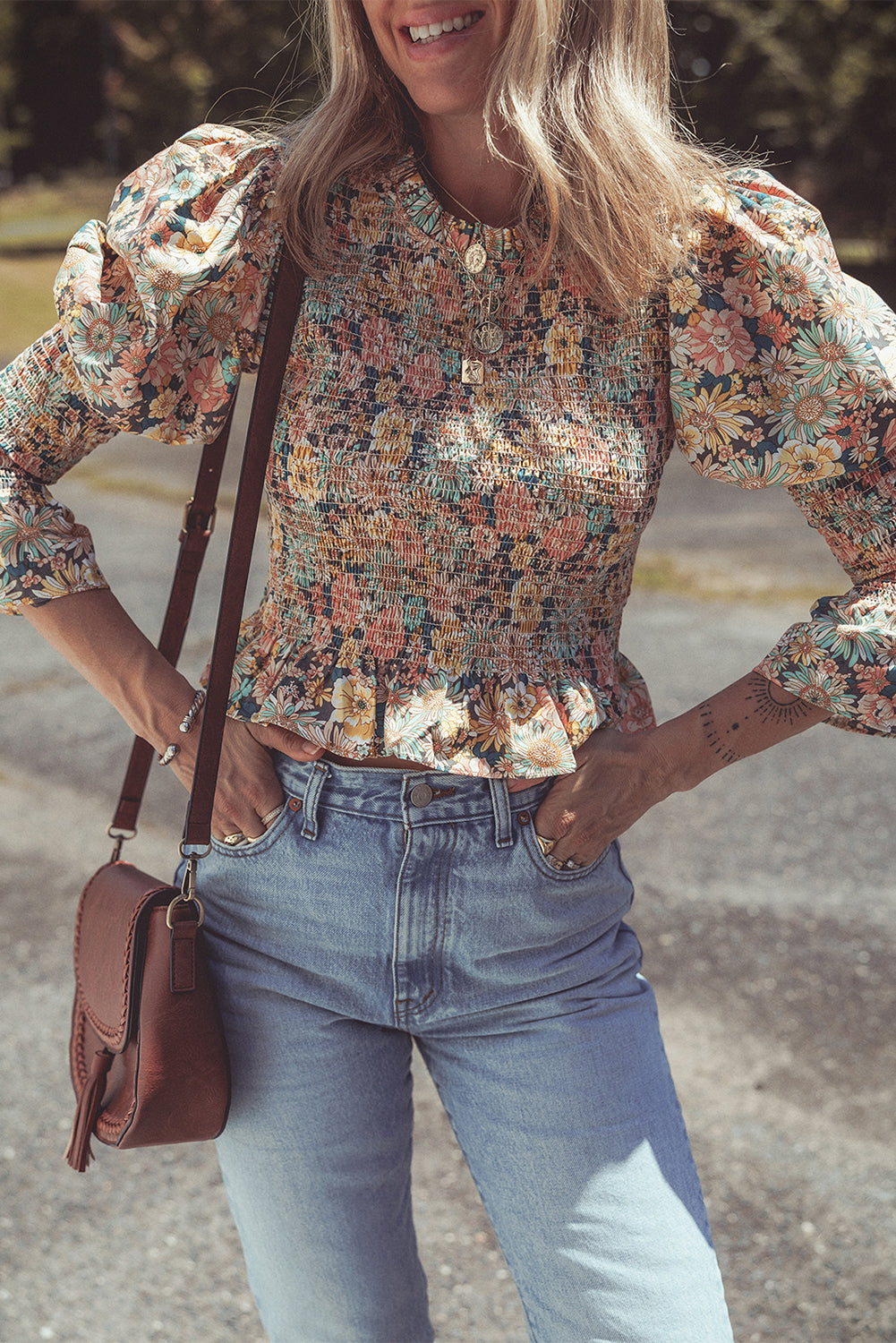 Yellow Floral Print Bubble Sleeve Smocked Crop Top