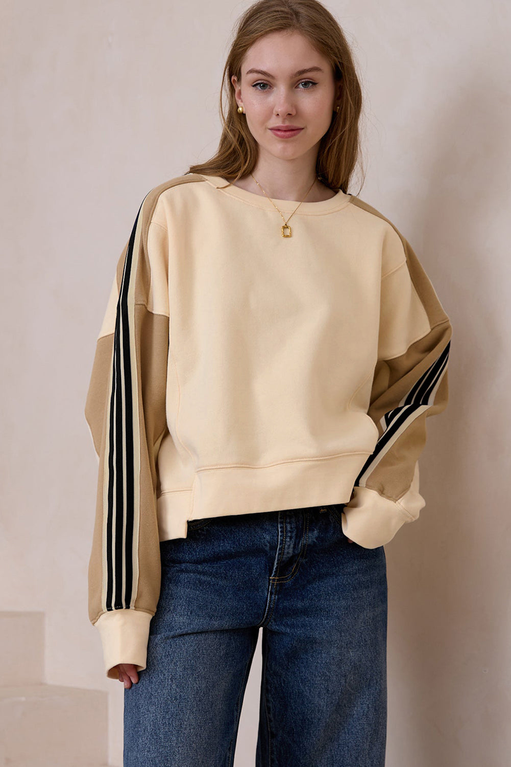 Beige Striped Colorblock Drop Sleeve Sweatshirt