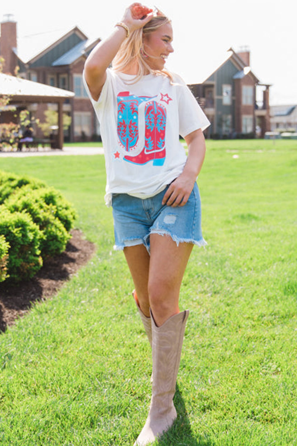 White Casual Boots & Stars Graphic Round Neck T Shirt