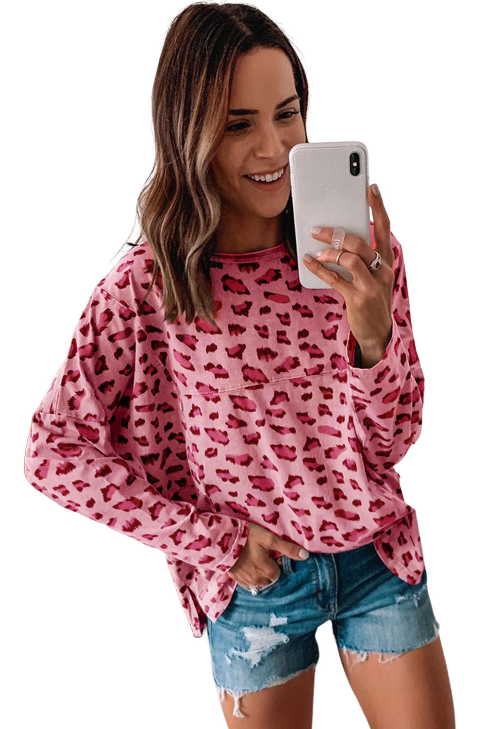 Pink Leopard Stitching Loose Long Sleeve Top