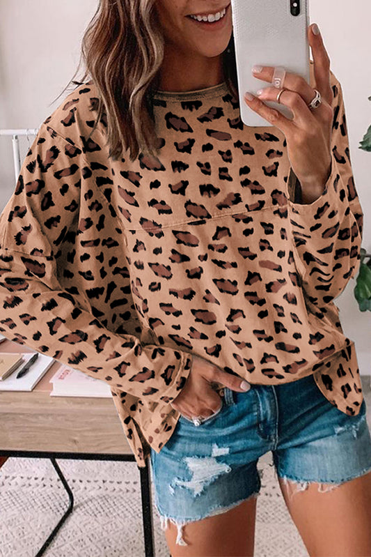 Pink Leopard Stitching Loose Long Sleeve Top