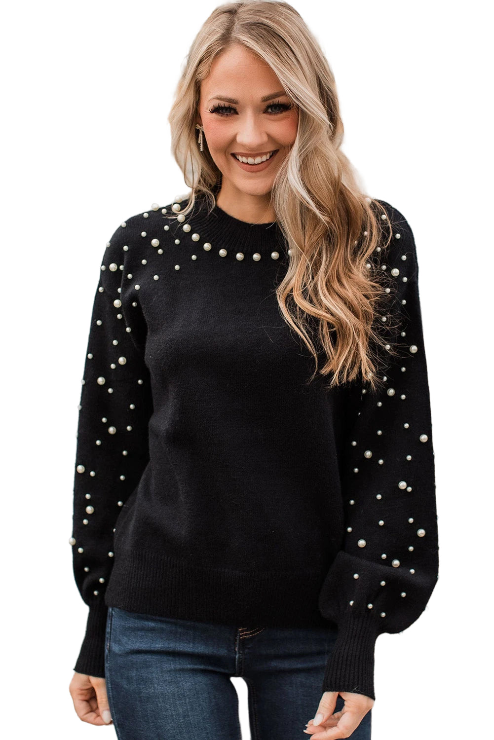 Black Pearl Beaded Bishop Sleeve Sweater