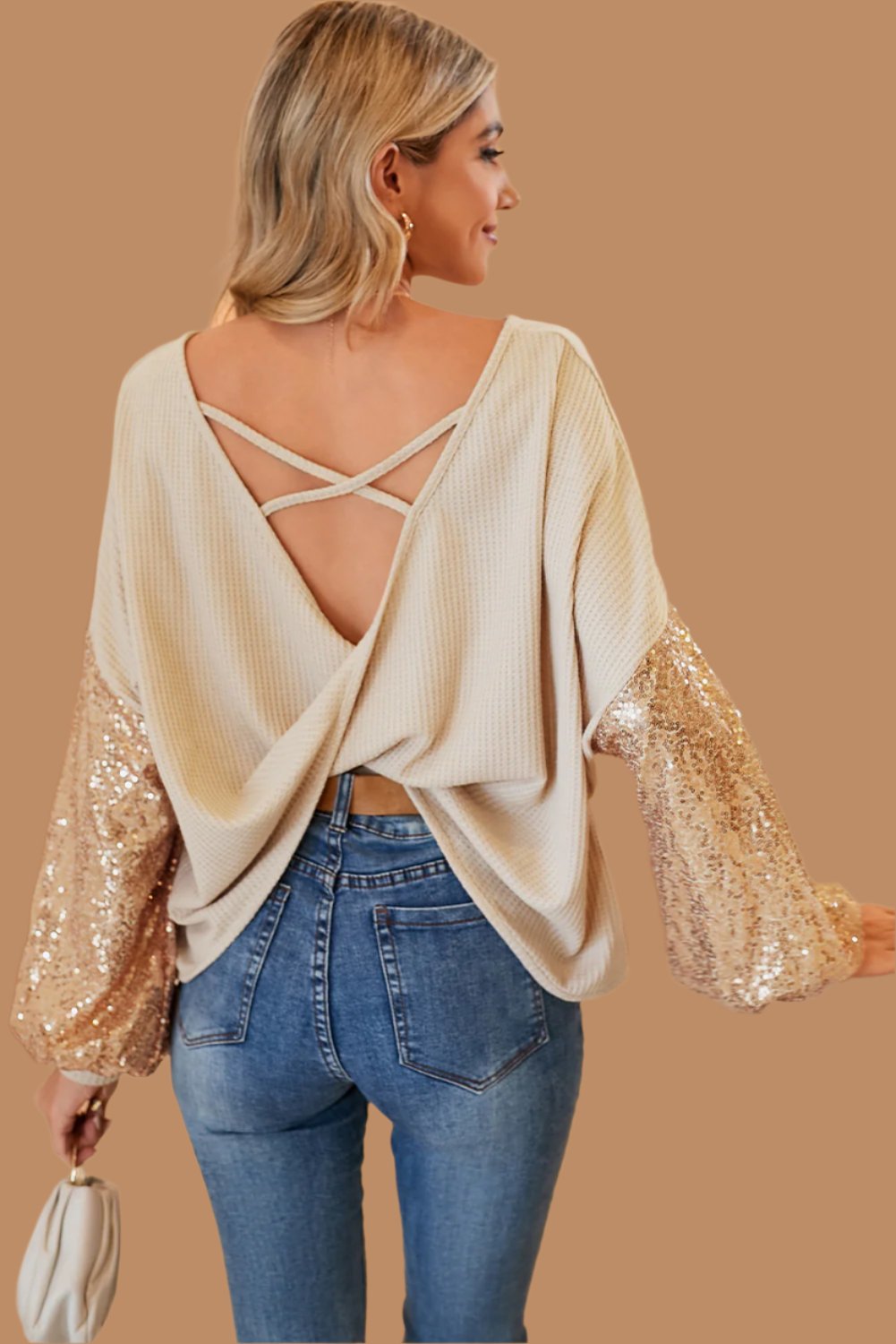 Apricot Cross Backless Sequin Bishop Sleeve Top