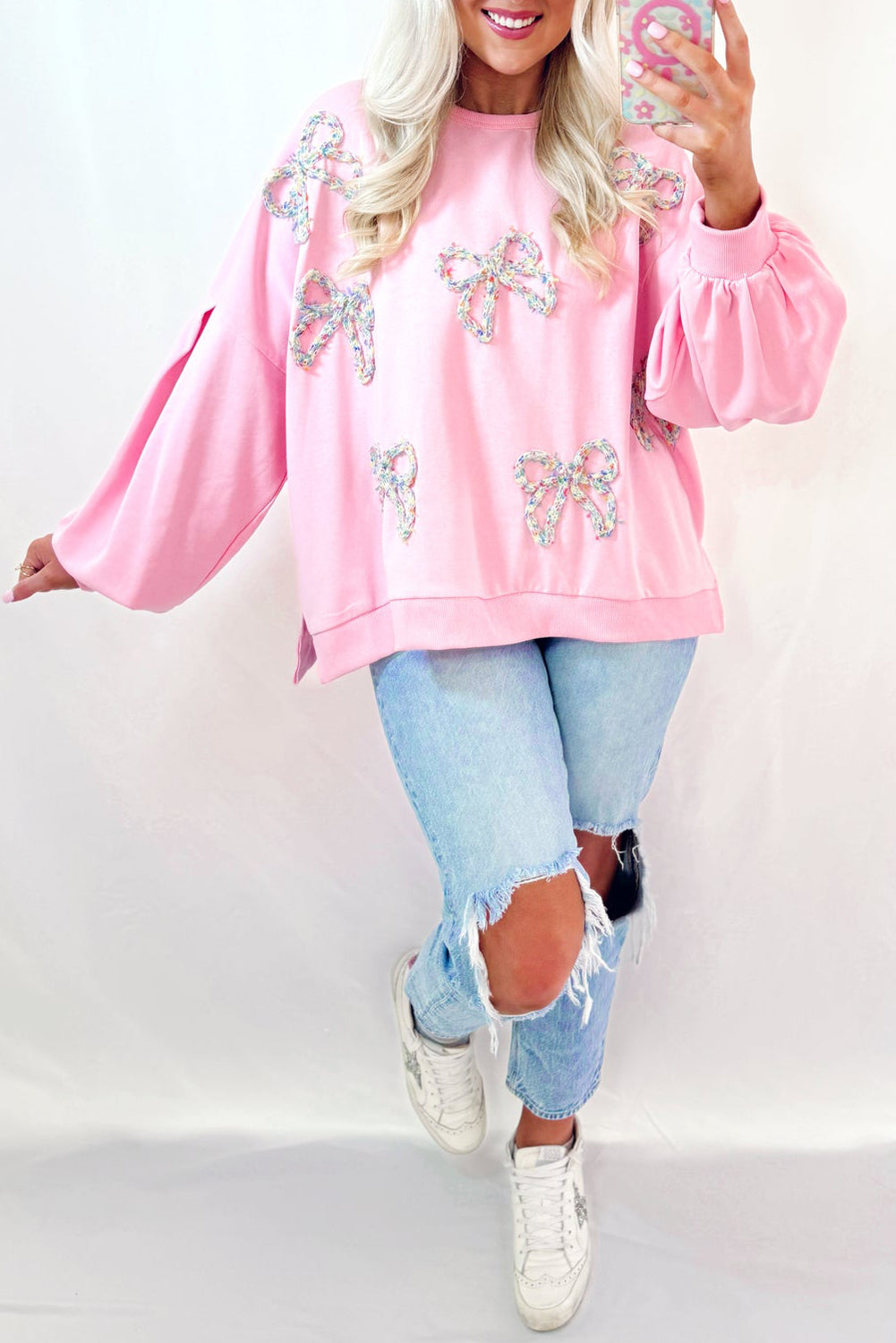 Light Pink Sweet Bow Lantern Sleeve Oversized Pullover Sweatshirt