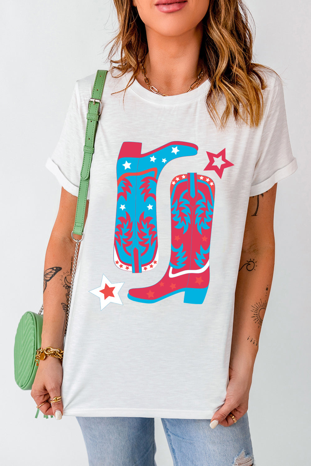 White Casual Boots & Stars Graphic Round Neck T Shirt