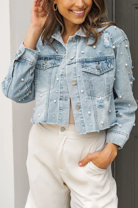 Sky Blue Pearls Beading Cropped Denim Jacket