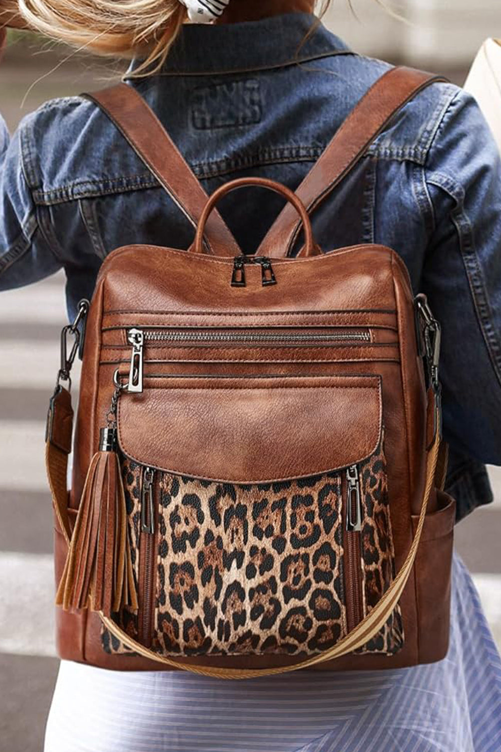 Coffee Leopard Patchwork PU Leather Functional Backpack