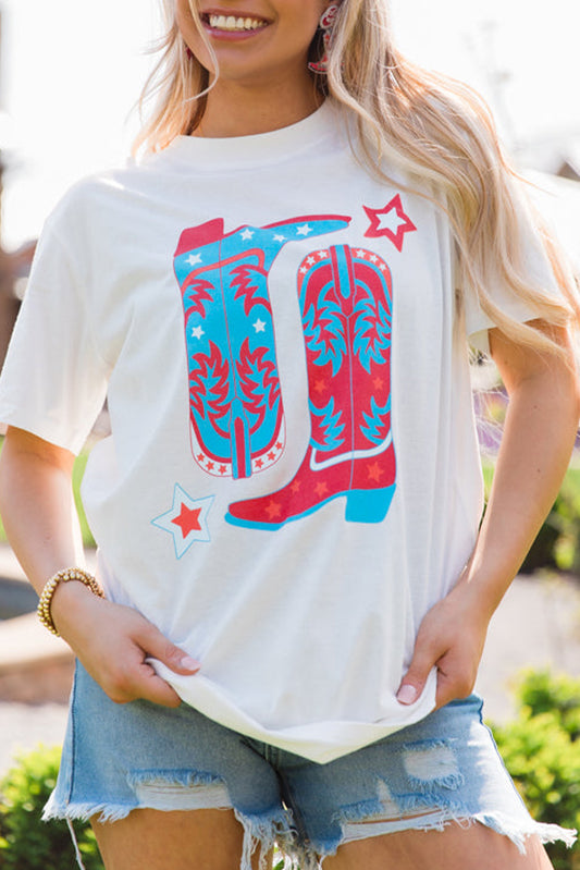 White Casual Boots & Stars Graphic Round Neck T Shirt