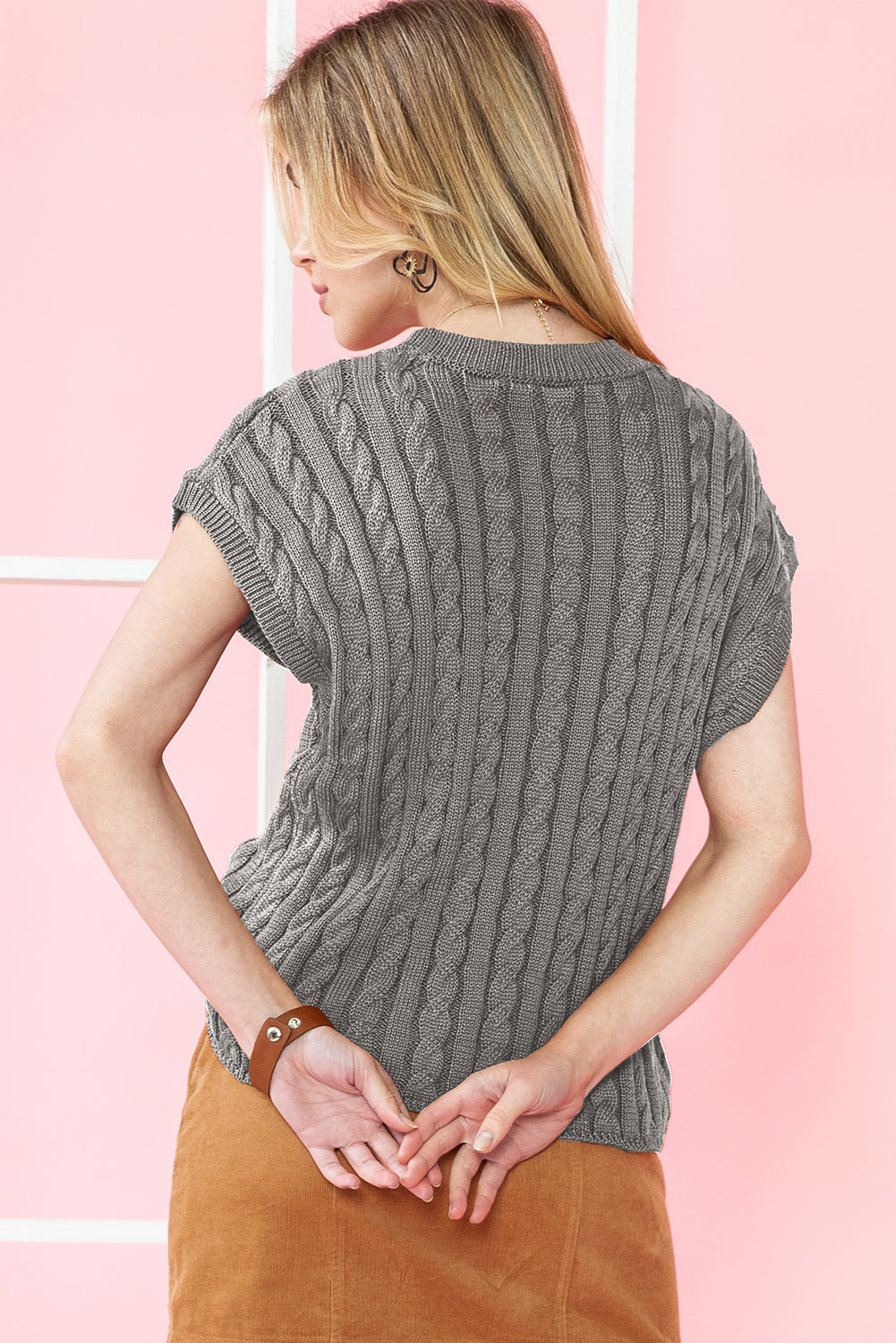 Flaxen Solid Color Cable Knit Short Sleeve Sweater