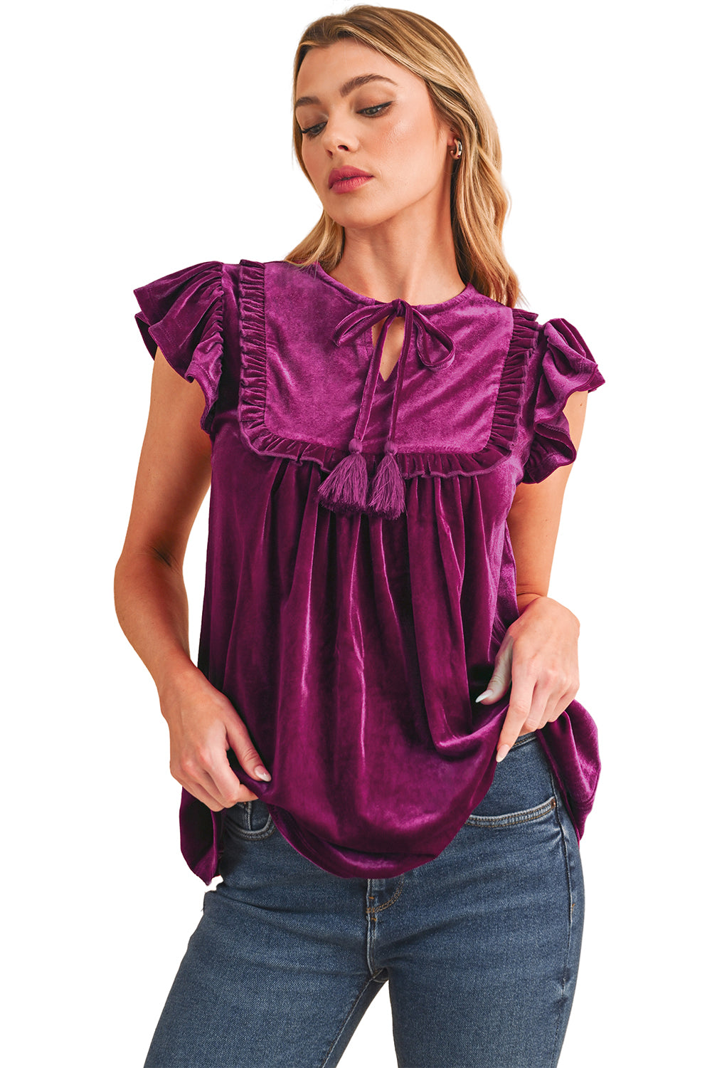 Violet Tied Neck Ruffle Short Sleeve Blouse