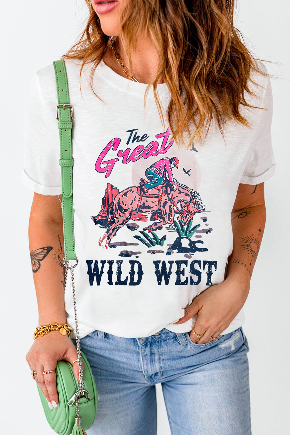 White- The Great WILD WEST Rodeo Graphic Crew Neck T Shirt