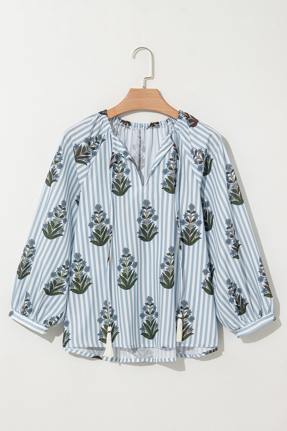 Beau Blue Floral Striped Tie V Neck Long Sleeve Blouse