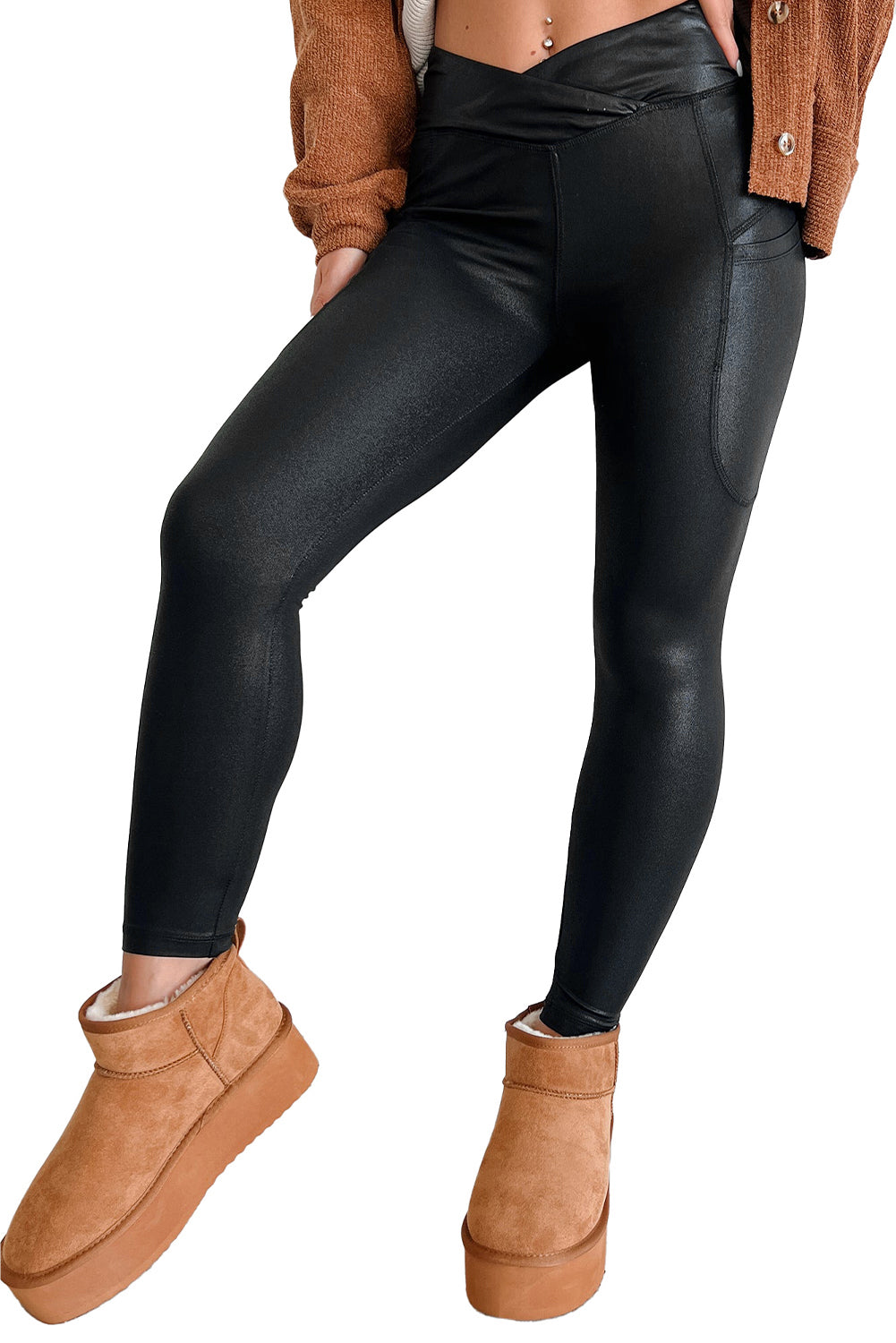 Black V Crossover High Waist Pocketed Leggings