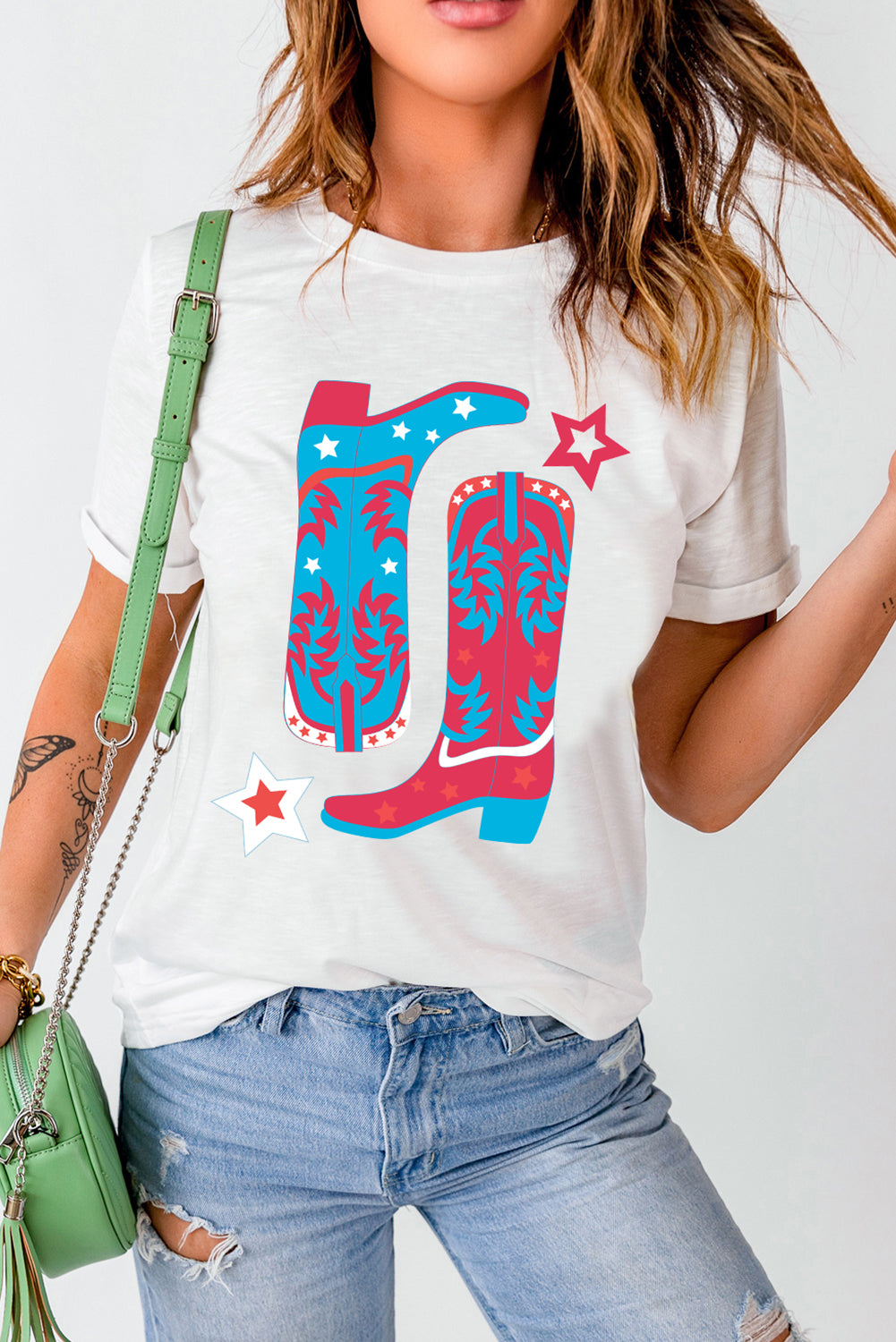 White Casual Boots & Stars Graphic Round Neck T Shirt