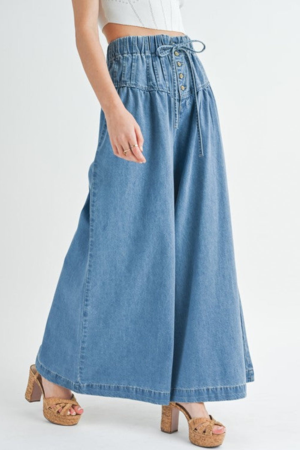 Beau Blue Mineral Wash Button High Waist Wide Leg Jeans