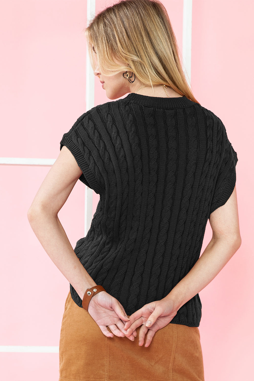 Flaxen Solid Color Cable Knit Short Sleeve Sweater