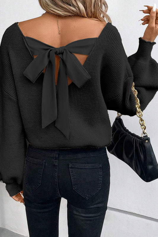 Black Lantern Sleeve V Neck Bowknot Back Sweater