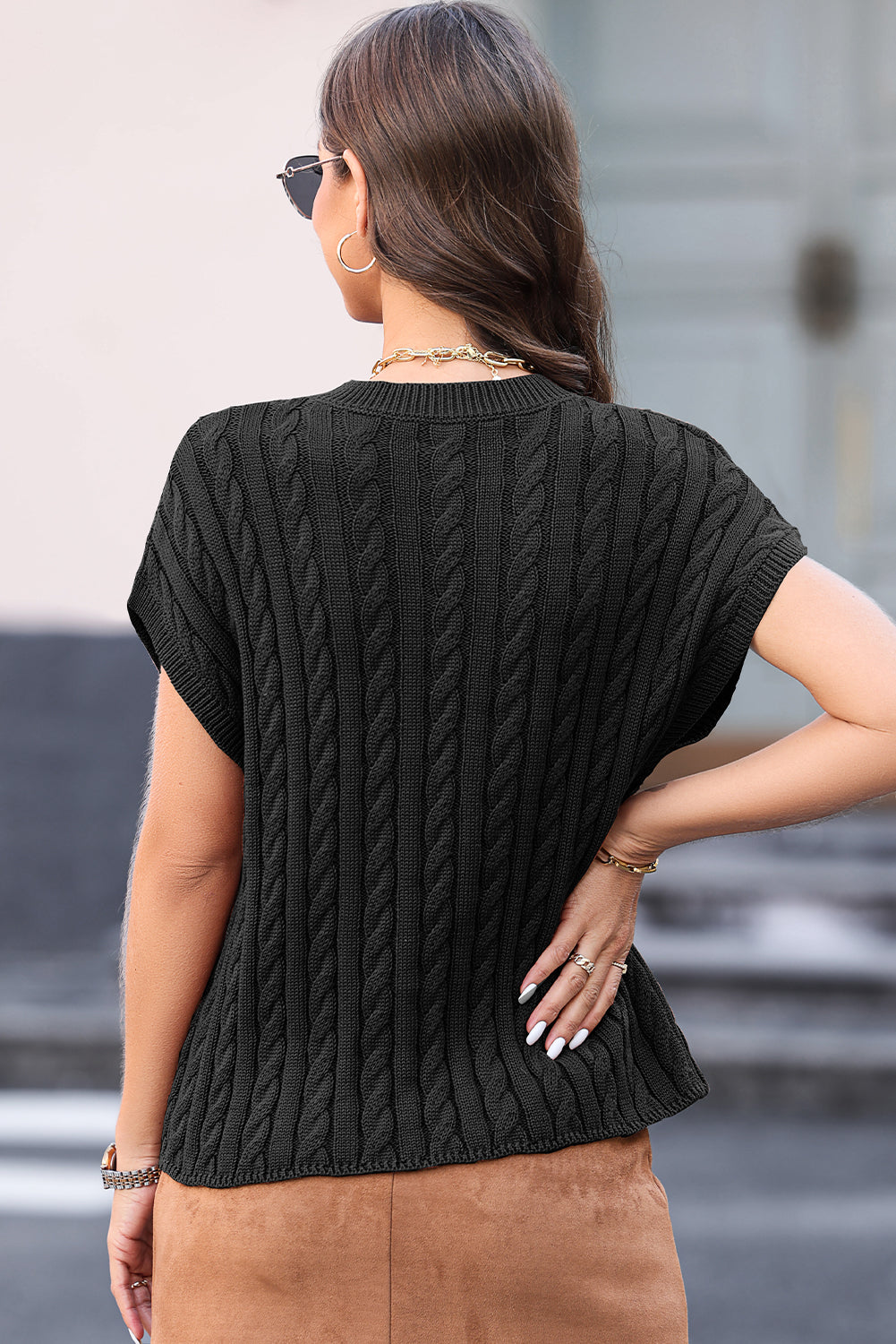 Flaxen Solid Color Cable Knit Short Sleeve Sweater