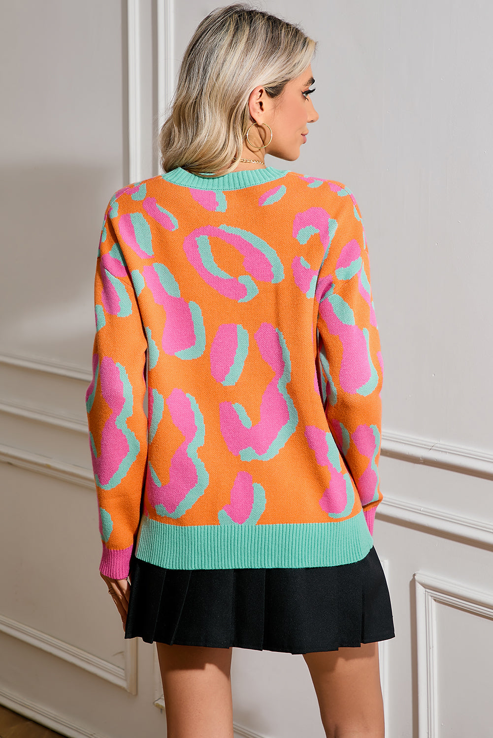 Orange Leopard Colorblock Ribbed Edge Sweater