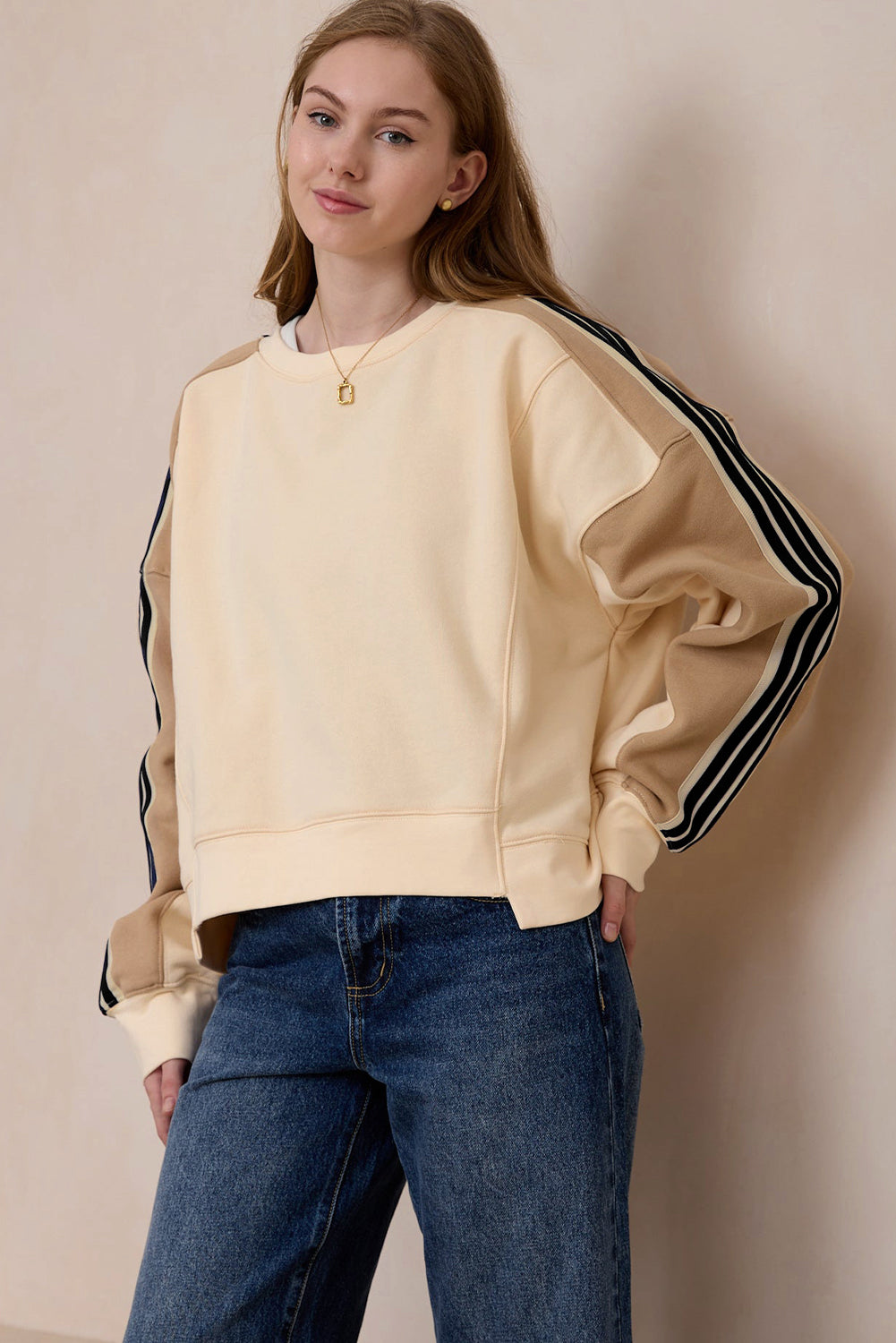 Beige Striped Colorblock Drop Sleeve Sweatshirt