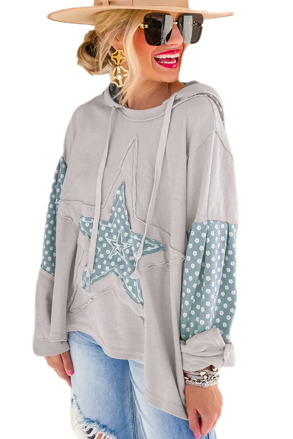 Apricot Floral Patchwork Star Pattern Drawstring Hoodie