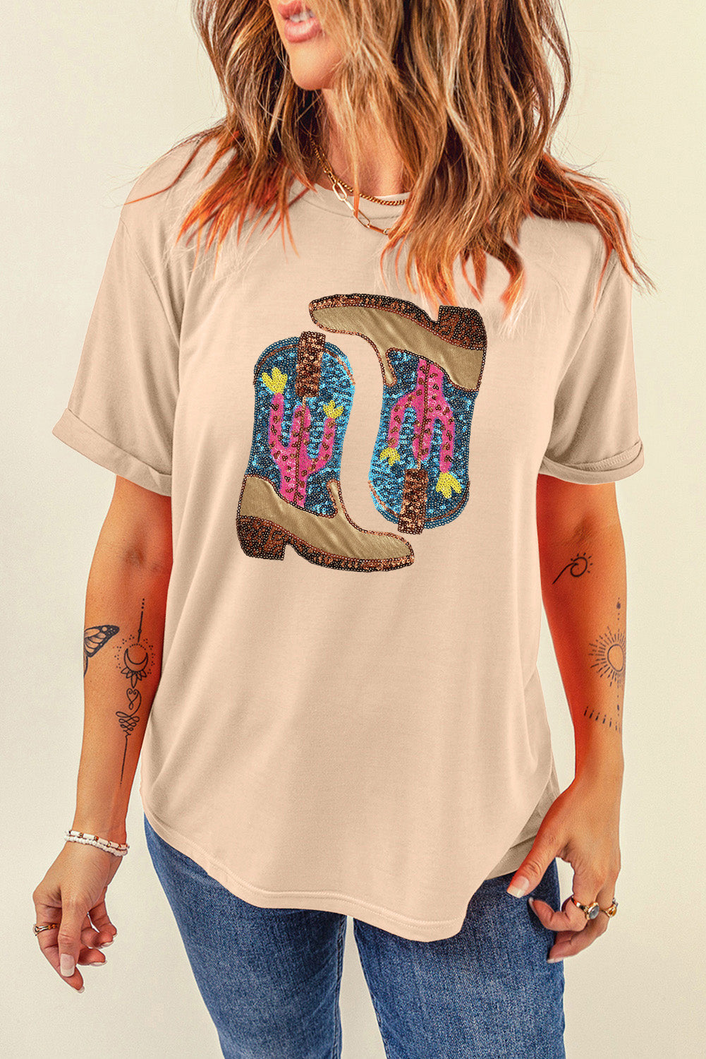 Khaki Sequined Boots Graphic Crew Neck Tee