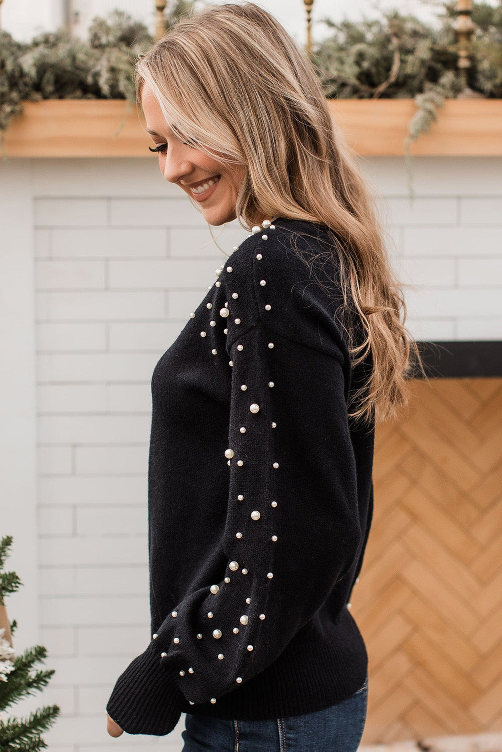 Black Pearl Beaded Bishop Sleeve Sweater