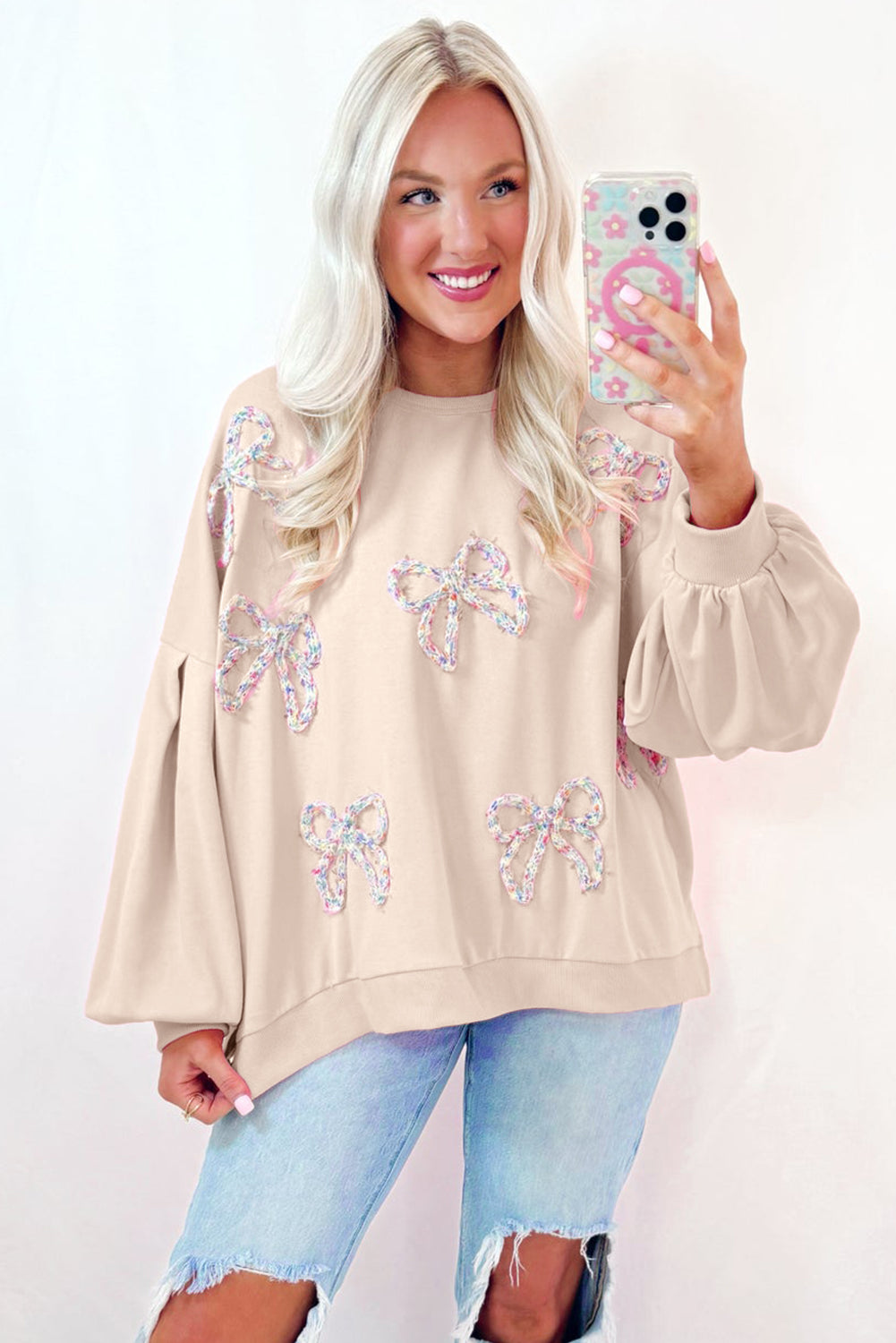 Light Pink Sweet Bow Lantern Sleeve Oversized Pullover Sweatshirt