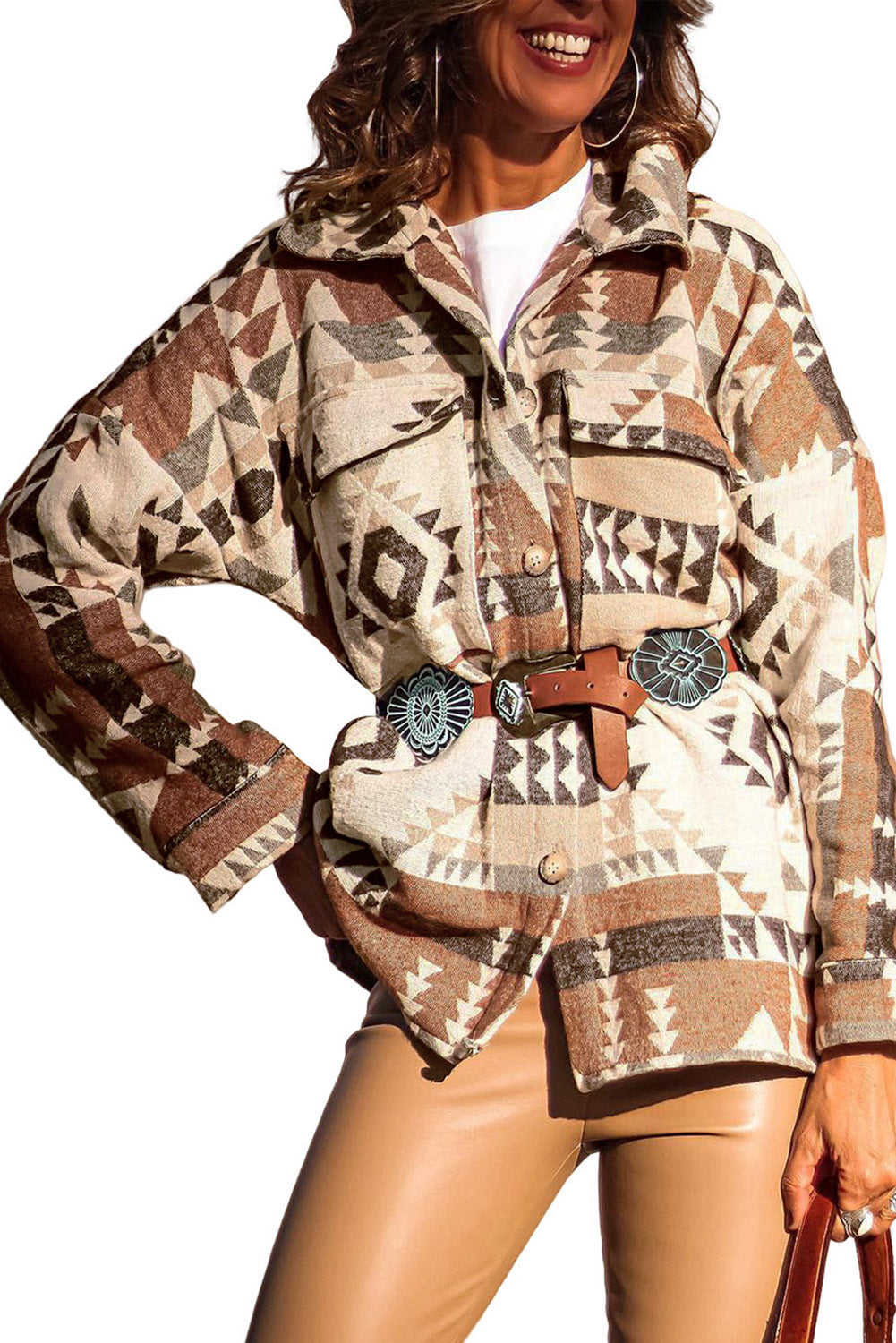 Brown Geometric Print Flap Pocket Jacket