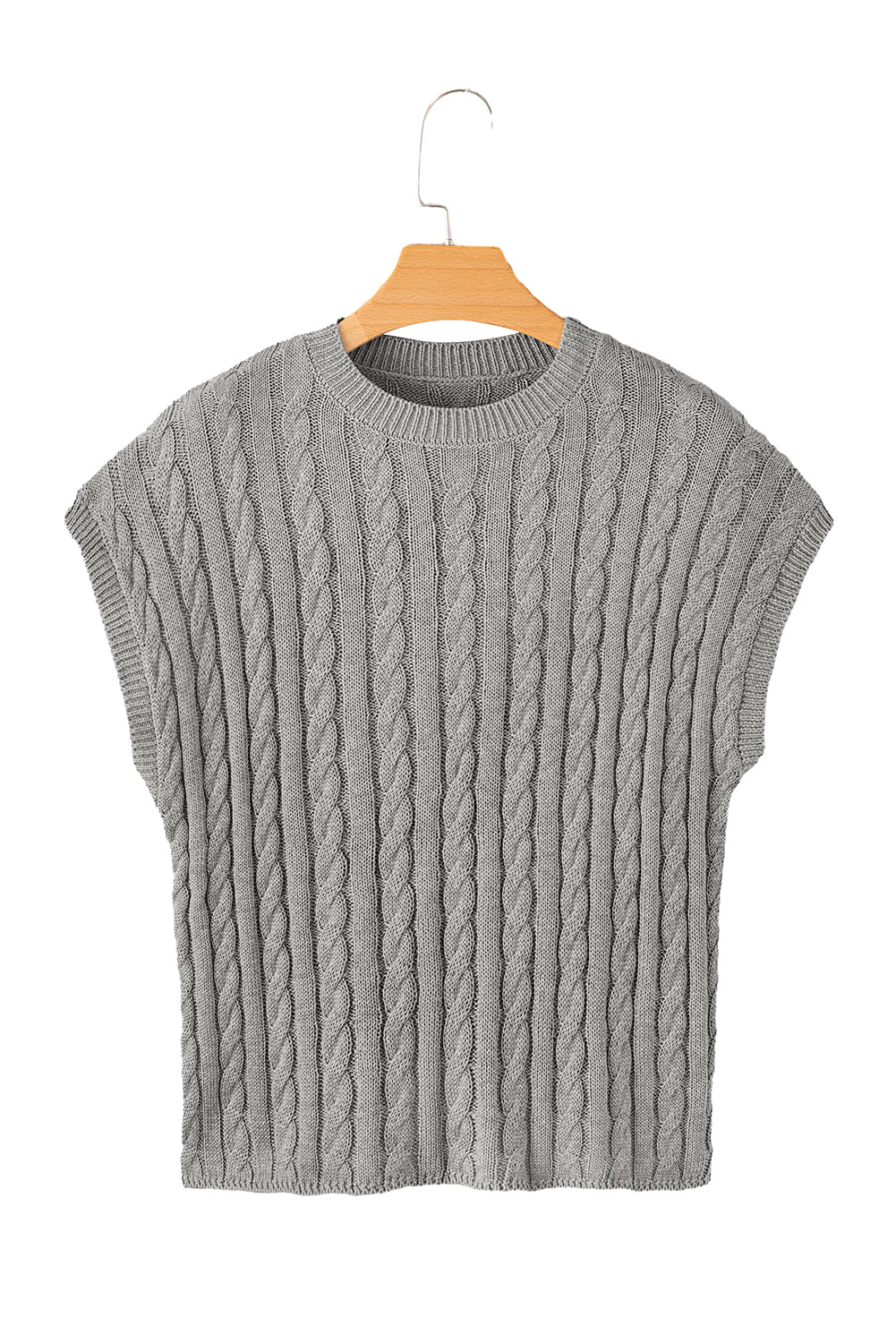 Flaxen Solid Color Cable Knit Short Sleeve Sweater