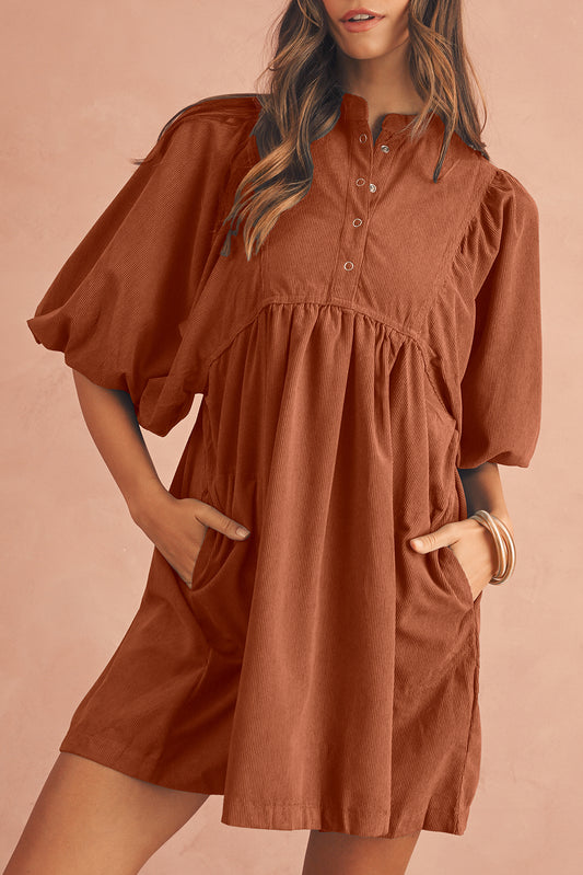 Vineyard Green Snap Button Empire Waist Lantern Sleeve Corduroy Dress