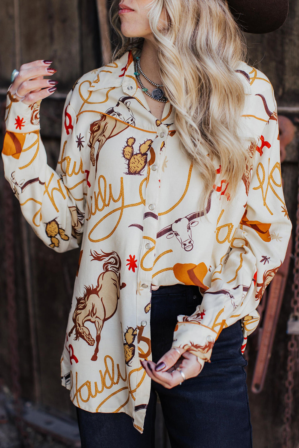 Beige Howdy Animal Pattern Button up Shirt