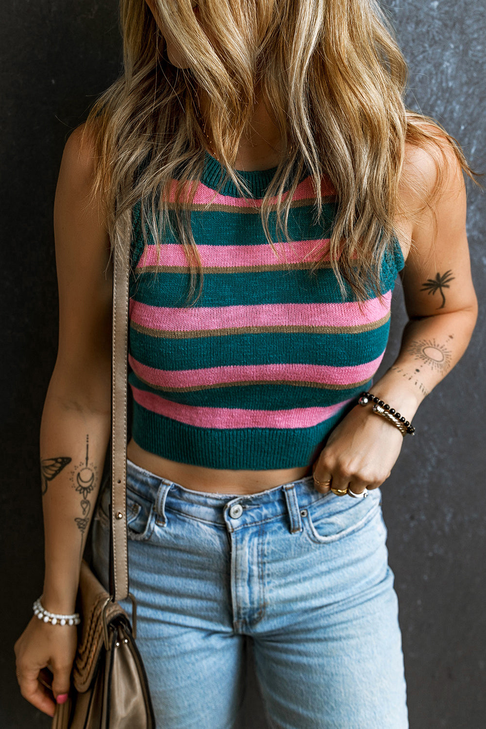 Pink Stripe Knit Crewneck Cropped Tank Top