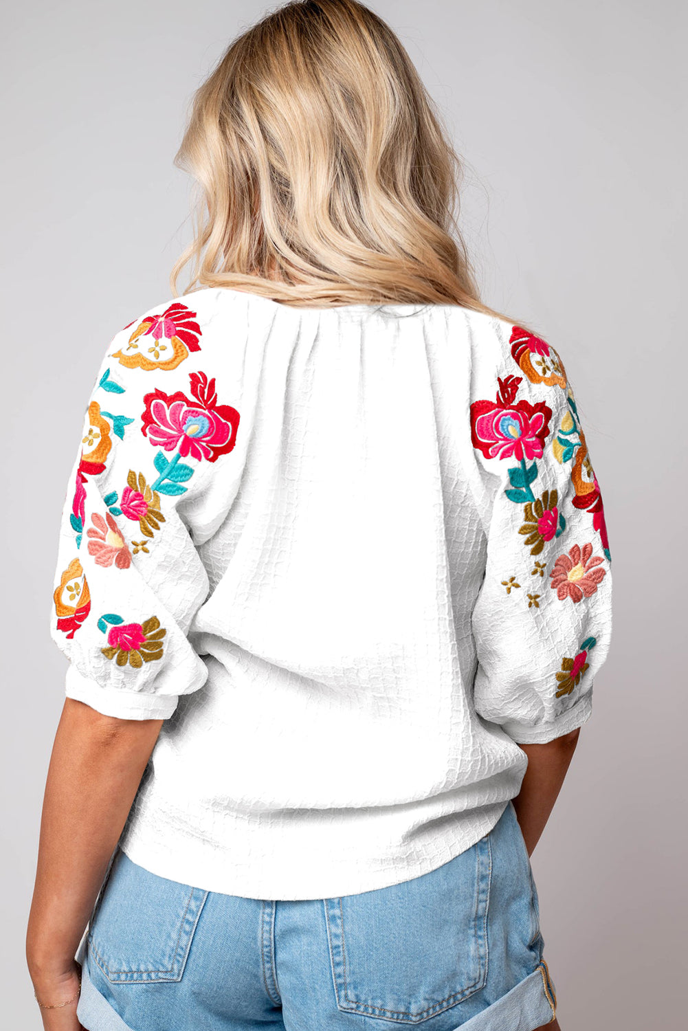 Beige Floral Embroidered Puff Sleeve Ricrac Textured Blouse