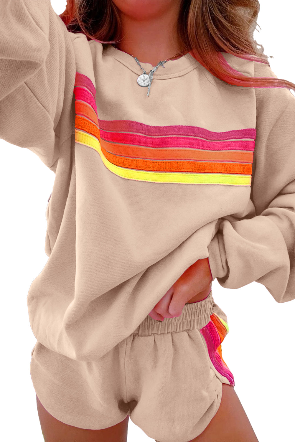 Apricot Colorful Striped Long Sleeve Pullover and Shorts Set