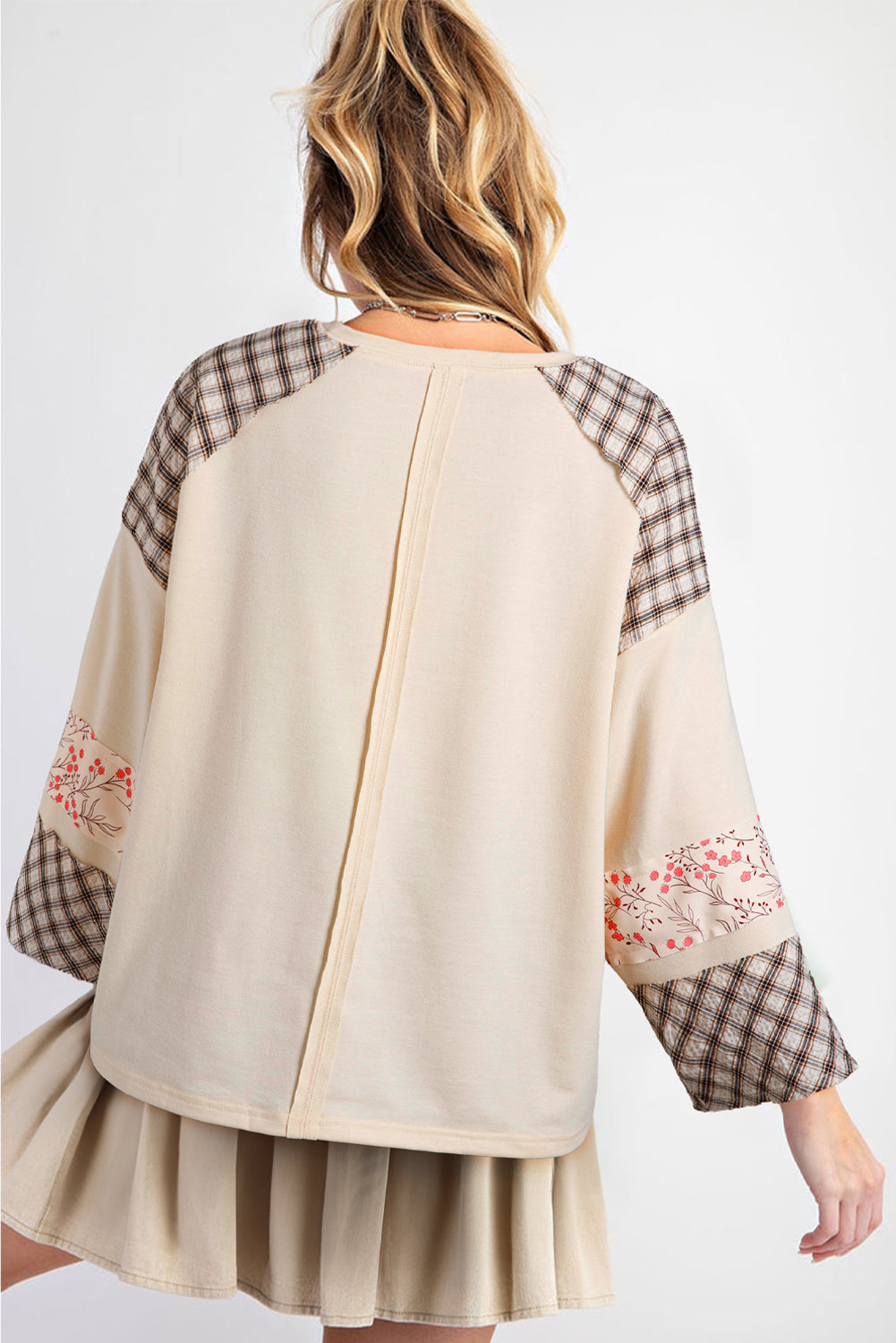 Beige Plaid Floral Patchwork Heart Long Sleeve Top