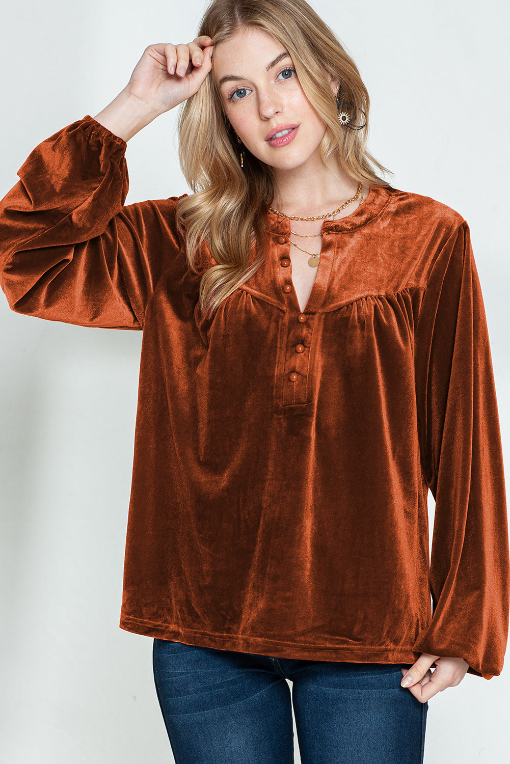 Gold Flame Velvet Beaded V Neck Lantern Sleeve Top