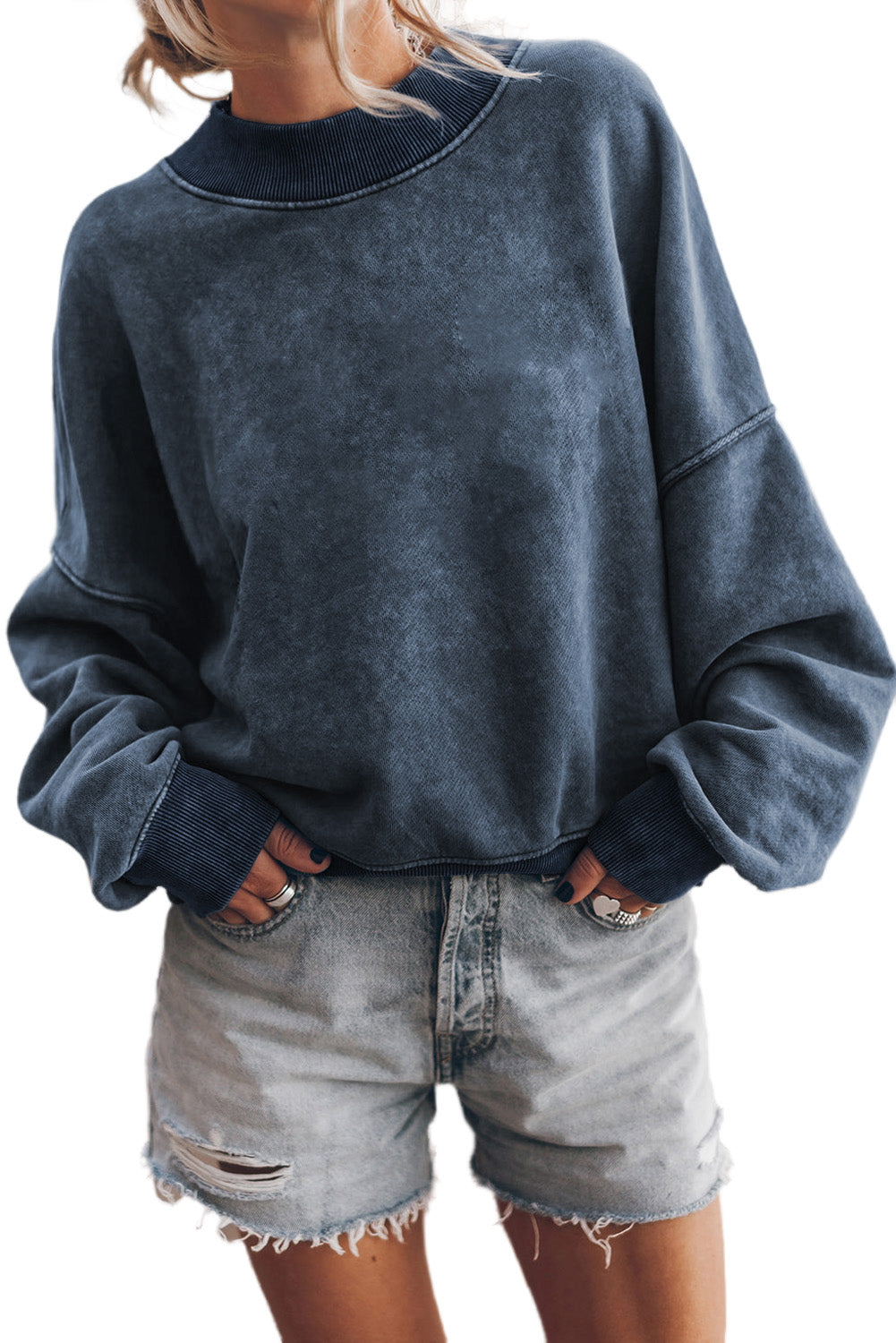 Green Light Plain Washed Drop Shoulder Pullover Sweatshirt