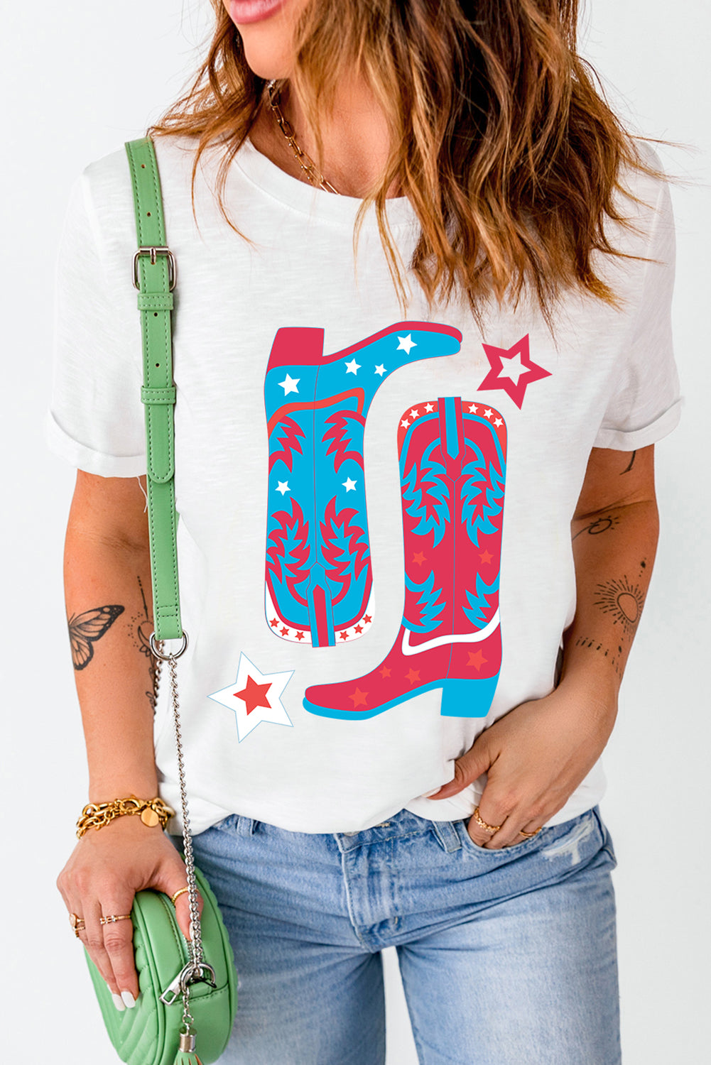 White Casual Boots & Stars Graphic Round Neck T Shirt