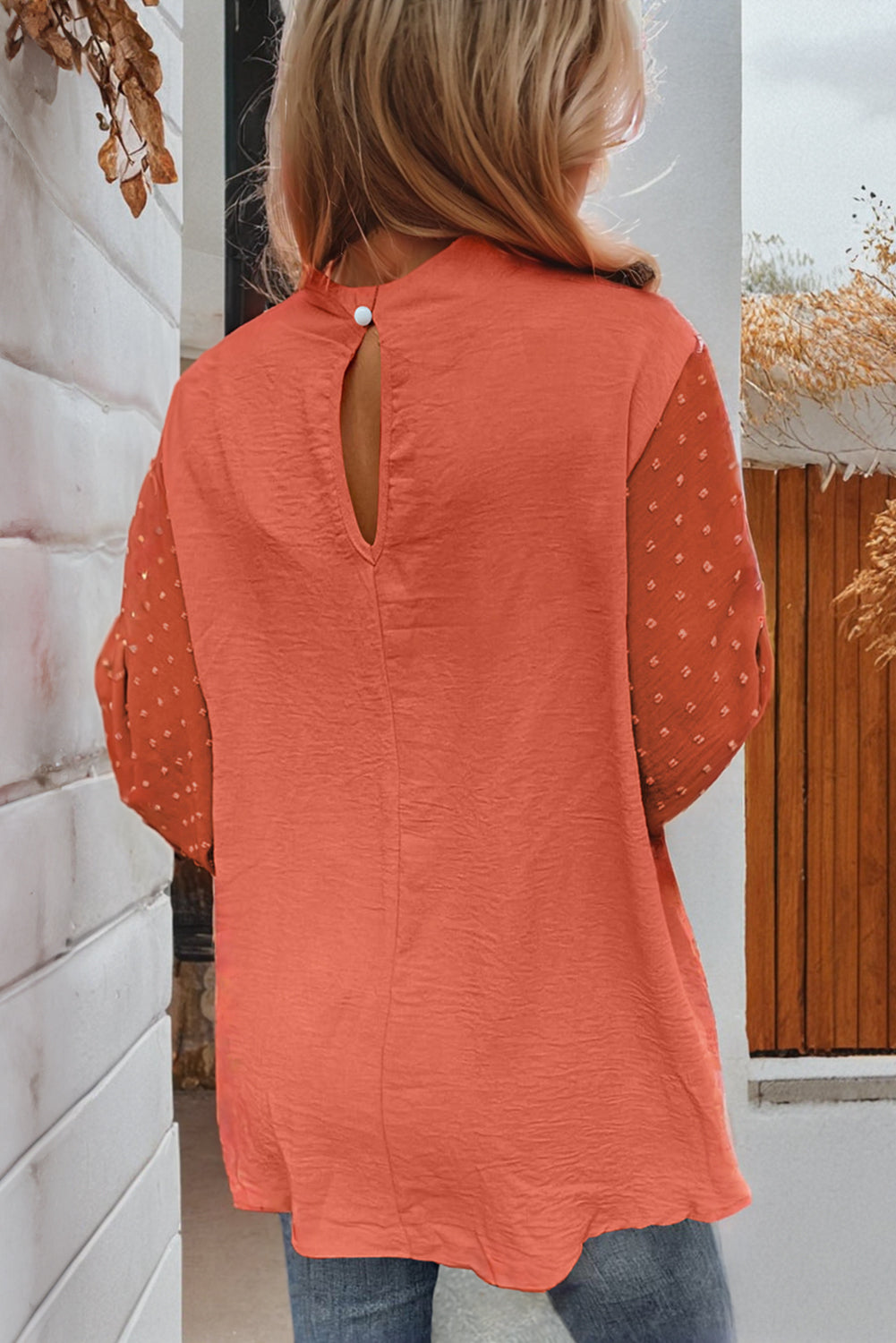 Russet Orange Swiss Dot Balloon Sleeve Patchwork Crinkle Blouse