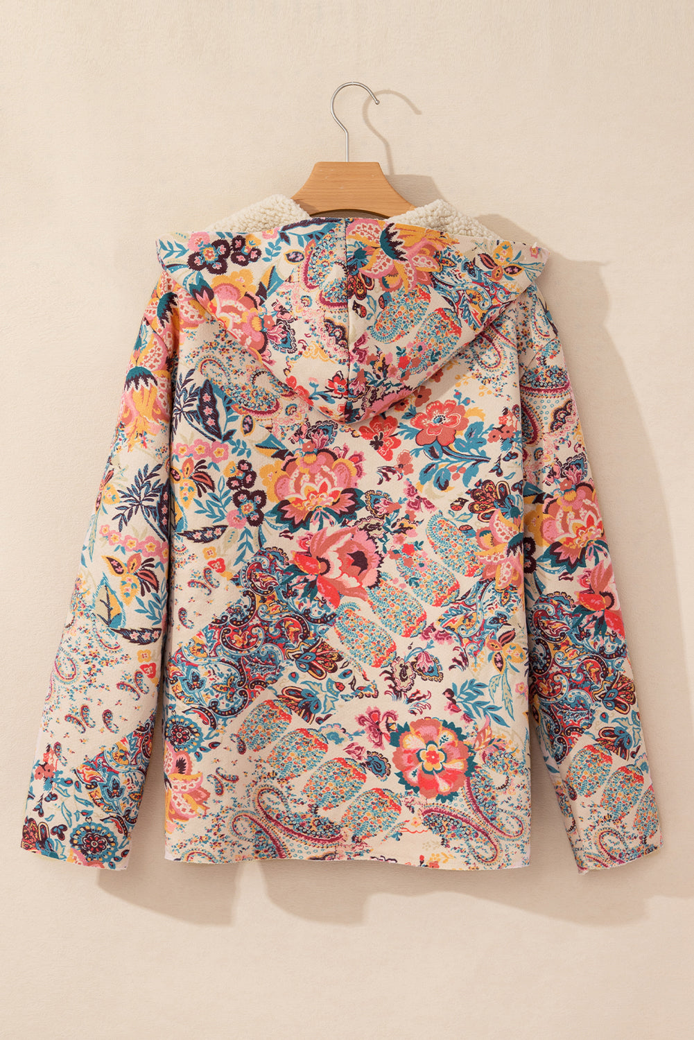 Beige Vintage Paisley Floral Printed Sherpa Lined Hooded Jacket