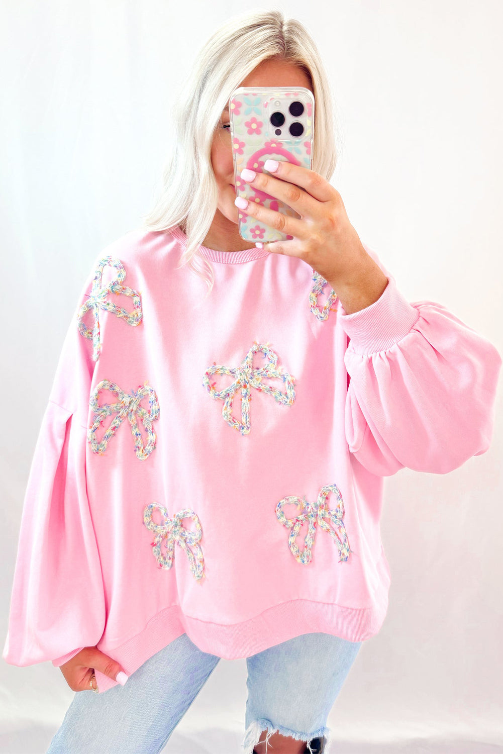 Light Pink Sweet Bow Lantern Sleeve Oversized Pullover Sweatshirt