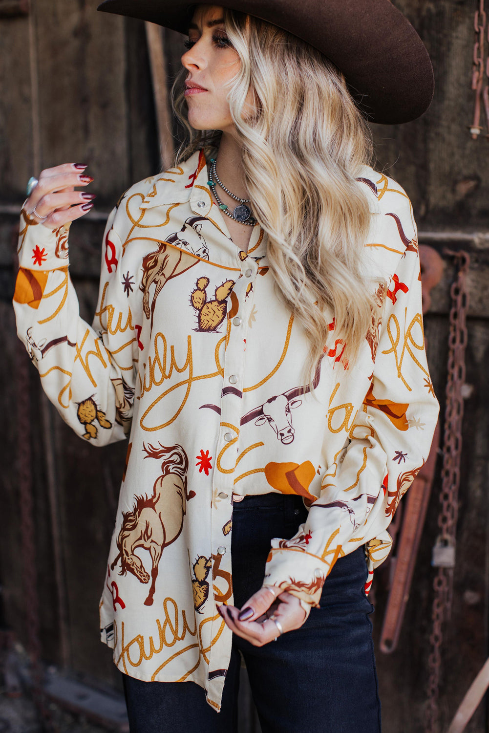 Beige Howdy Animal Pattern Button up Shirt