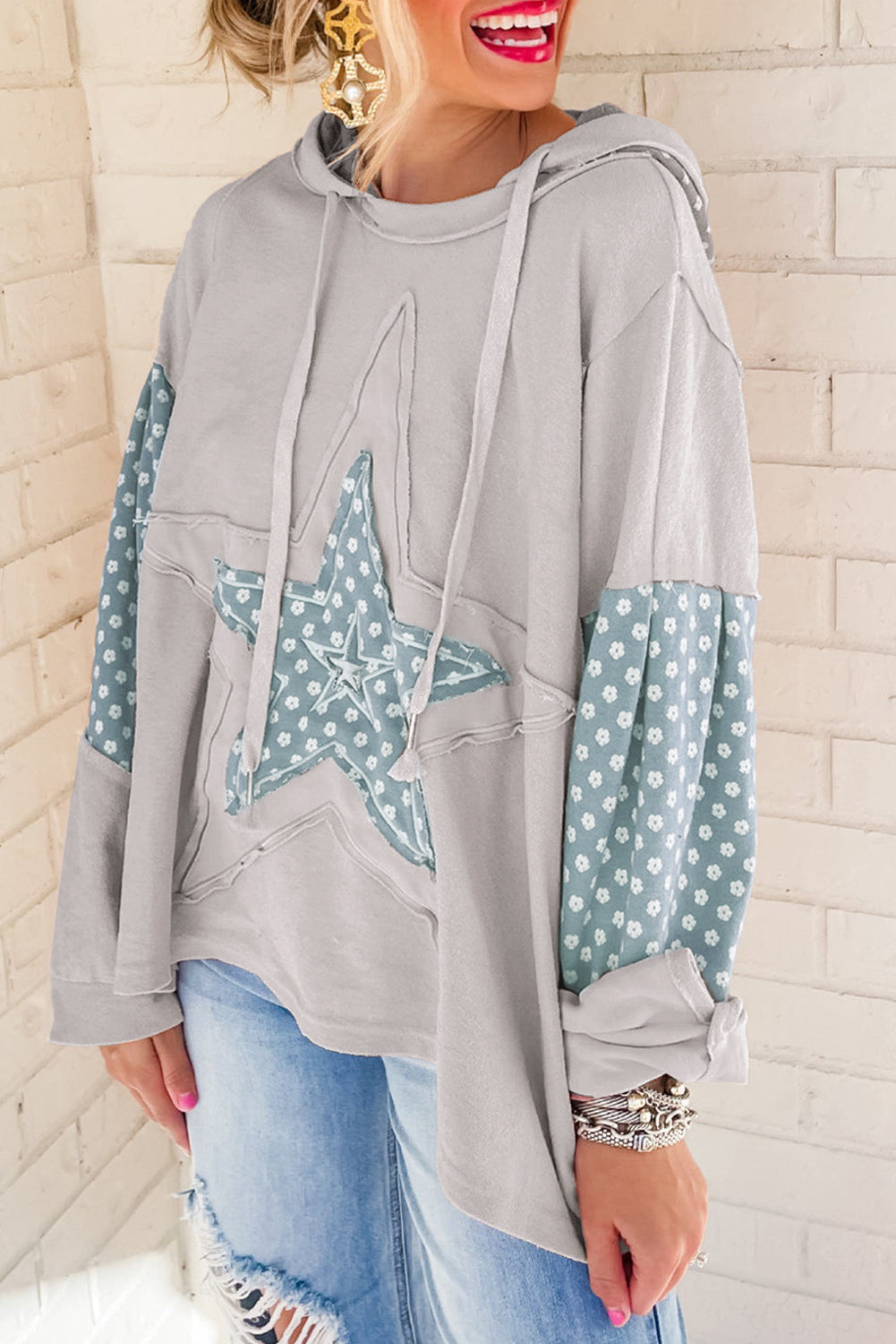 Apricot Floral Patchwork Star Pattern Drawstring Hoodie