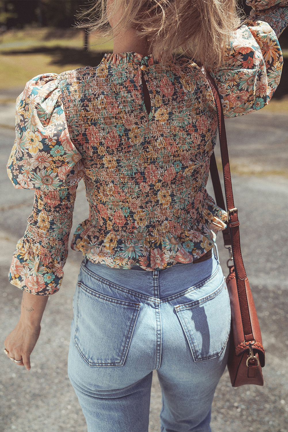 Yellow Floral Print Bubble Sleeve Smocked Crop Top